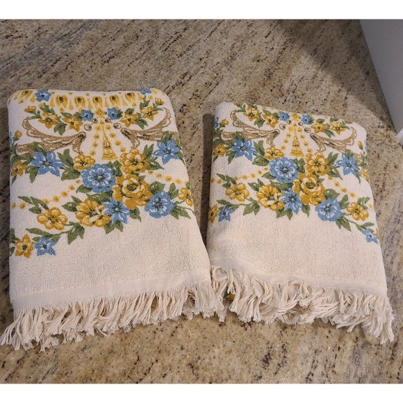 2 Vintage TASTEMAKER Bath Towel MCM Yellow Blue Floral Scroll Fringe Edge 43" - Picture 10 of 11